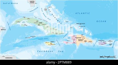 Vector map of the Greater Antilles in the Caribbean region Stock Vector