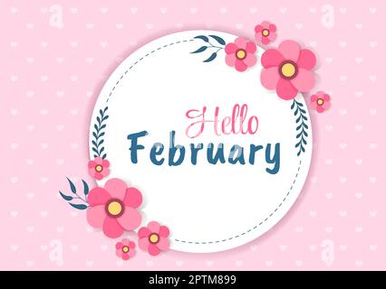 Hello February Month with Flowers, Hearts, Leaves and Cute Lettering for Decoration Background in Flat Cartoon Hand Drawn Templates Illustration Stock Photo