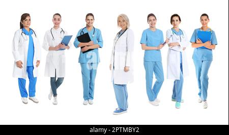 Collage with photos of doctors on white background. Banner design Stock Photo