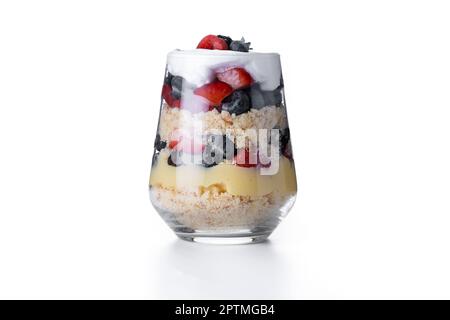 Trifle dessert with berries and cream isolated on white background Stock Photo
