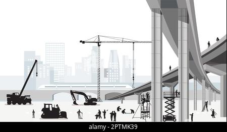 Road construction and bridges Construction site with builders, illustration Stock Vector