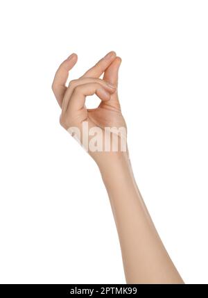 Woman snapping fingers on white background, closeup of hand Stock Photo