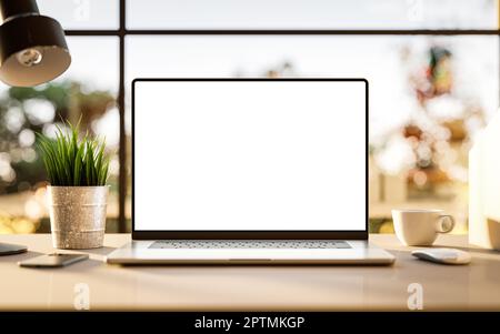 Laptop with blank frameless screen mockup template on the table in industrial office loft interior - front view Stock Photo