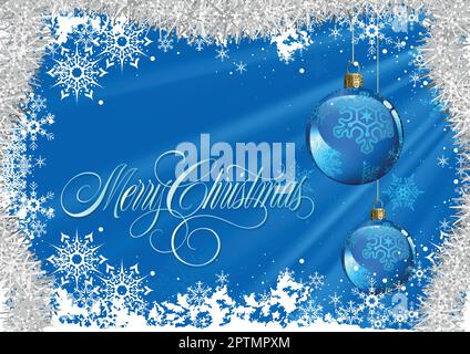 Blue Abstract Christmas Background with Rays of Light and Hanging Christmas Ornaments Stock Vector