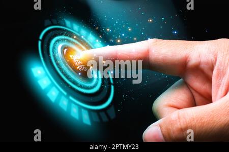 Finger pressing virtual button with future technology concept on dark background. Automotive technologies cocnept. Stock Photo