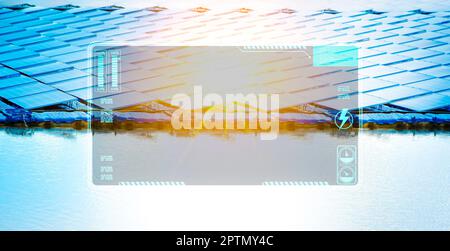 Blank screen HUD interface of solar panels against sunlight on background, solar cell energy technology concept. Stock Photo