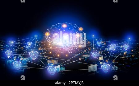 Conceptual background image with social connection lines and icons in cityscape at night time, networking and business technologies concept. Stock Photo