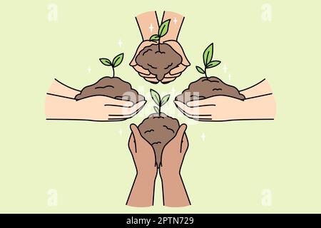 Faceless people hold green plant sprouts in palms. Stock Vector