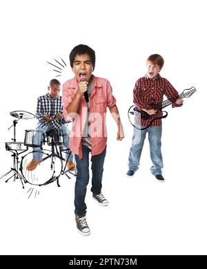 Lets jam. Studio shot of children singing and playing music on imaginary instruments. Stock Photo