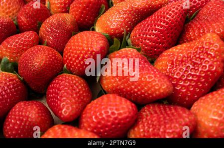 Close up ripe red strawberries, top view. Background of freshly Stock Photo