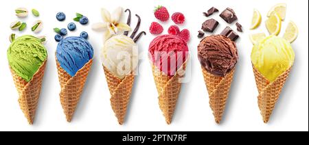 Set of different types of ice cream balls in waffle cones with ice cream ingredients - fruits, berries and sweets. Isolated on a white background. Stock Photo