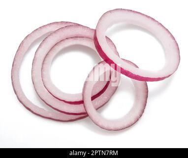 Red onion rings close-up on white background. Stock Photo
