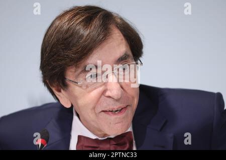 Namur, Belgium. 28th Apr, 2023. Walloon Minister President Elio Di Rupo pictured during a press conference of the Walloon Government to present the adjusted budget for 2023, in Namur, Friday 28 April 2023. The Walloon Government will present its adjusted budget for 2023, the investments that will be mobilised in order to rebuild the areas affected by the floods of July 2021 as well as its project to reform car taxation. BELGA PHOTO BRUNO FAHY Credit: Belga News Agency/Alamy Live News Stock Photo