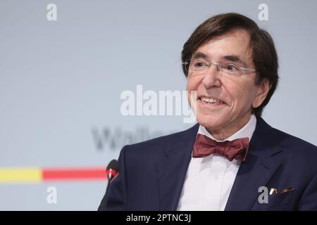 Namur, Belgium. 28th Apr, 2023. Walloon Minister President Elio Di Rupo pictured during a press conference of the Walloon Government to present the adjusted budget for 2023, in Namur, Friday 28 April 2023. The Walloon Government will present its adjusted budget for 2023, the investments that will be mobilised in order to rebuild the areas affected by the floods of July 2021 as well as its project to reform car taxation. BELGA PHOTO BRUNO FAHY Credit: Belga News Agency/Alamy Live News Stock Photo