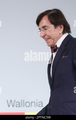 Namur, Belgium. 28th Apr, 2023. Walloon Minister President Elio Di Rupo arrives for a press conference of the Walloon Government to present the adjusted budget for 2023, in Namur, Friday 28 April 2023. The Walloon Government will present its adjusted budget for 2023, the investments that will be mobilised in order to rebuild the areas affected by the floods of July 2021 as well as its project to reform car taxation. BELGA PHOTO BRUNO FAHY Credit: Belga News Agency/Alamy Live News Stock Photo