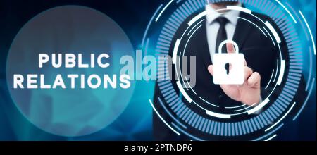 Text sign showing Public Relations, Business approach Communication Media People Information Publicity Social Stock Photo