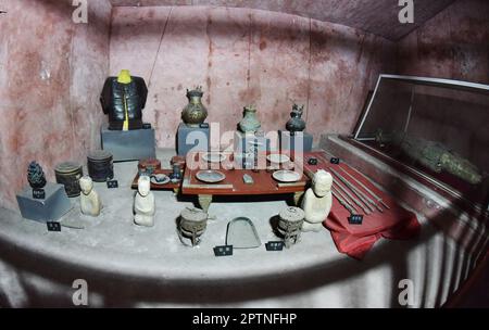 BAODING, CHINA - APRIL 28, 2023 - Funerary objects are seen at Liu Sheng's tomb in Baoding, Hebei province, China, April 28, 2023. Mancheng Zhongshan Stock Photo