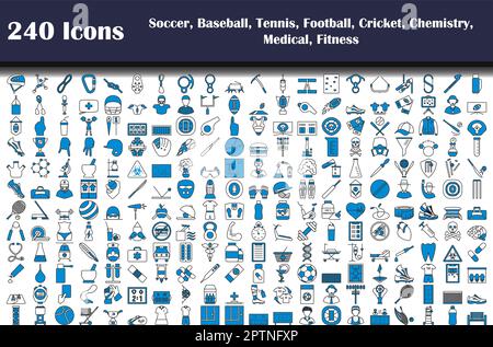 240 Icons Of Soccer, Baseball, Tennis, Football, Cricket, Chemistry, Medical, Fitness Stock Vector