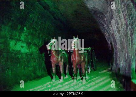 BAODING, CHINA - APRIL 28, 2023 - The carriage and stables in the north ear chamber of Dou Wan Tomb in Baoding City, Hebei province, China, April 28, Stock Photo