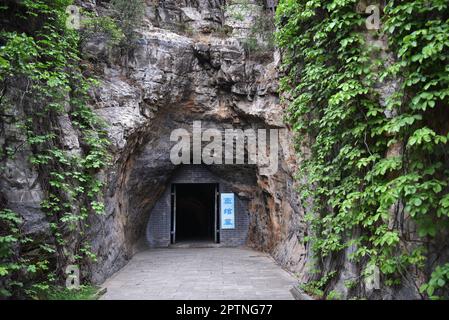 BAODING, CHINA - APRIL 28, 2023 - The entrance of the tomb of Dou Wan, located above the Ling Mountain in Mancheng District, Baoding City, Hebei provi Stock Photo