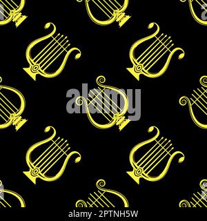 Yellow Lyre Musical Seamless Pattern on Black Background. Stock Vector
