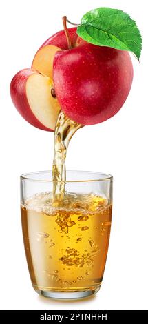 Glass of apple juice and juice pouring from red apple, isolated on a white background. Stock Photo