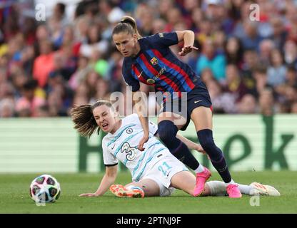Chelsea's Niahm Charles (left) and Ana-Maria Crnogorcevic battle for the ball during the UEFA Women's Champions League semi-final, second leg match at the Spotify Camp Nou in Barcelona, Spain. Picture date: Thursday April 27, 2023. Stock Photo