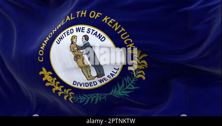 The US state flag of Kentucky waving in the wind. Kentucky is a state in the Southeastern region of the United States. Rippled textile background. Rea Stock Photo