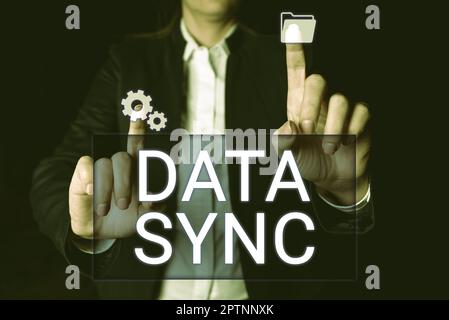 Handwriting text Data Sync, Internet Concept data that is continuously generated by different sources Stock Photo
