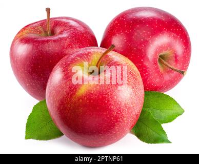 Ripe red apples with green leaves isolated on white background. Stock Photo