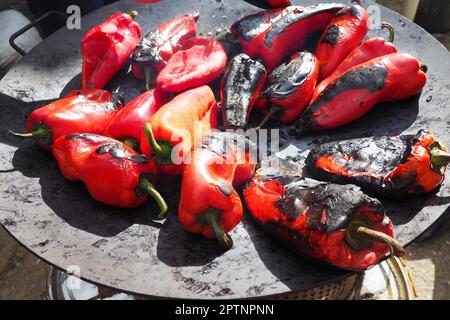 Roasting red peppers for a smoky flavor and quick peeling. Thermal processing of the pepper crop on metal circle. Brazier container used to burn charc Stock Photo