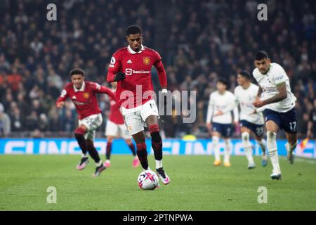 London, UK. 27th Apr, 2023. Marcus Rashford of Manchester Utd in action. Premier League match, Tottenham Hotspur v Manchester Utd at the Tottenham Hotspur Stadium in London on Thursday 27th April 2023. this image may only be used for Editorial purposes. Editorial use only, pic by Sandra Mailer/Andrew Orchard sports photography/Alamy Live news Credit: Andrew Orchard sports photography/Alamy Live News Stock Photo