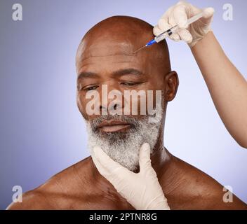 Face, Senior Black Man And Botox Injection In Studio Isolated On A ...