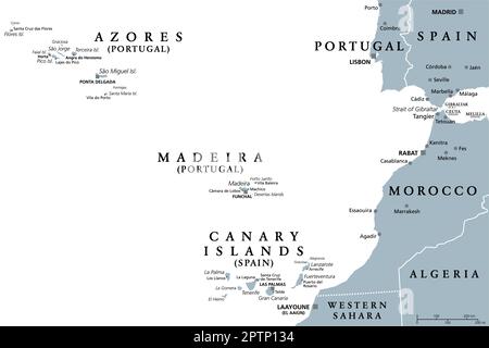 Azores, Madeira, and Canary Islands, autonomous regions, gray political map Stock Vector