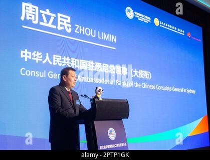 Sydney, Australia. 27th Apr, 2023. Chinese Consul General in Sydney Zhou Limin speaks at the promotion conference of 6th China International Import Expo (CIIE) in Sydney, Australia, April 27, 2023. Credit: Hu Jingchen/Xinhua/Alamy Live News Stock Photo