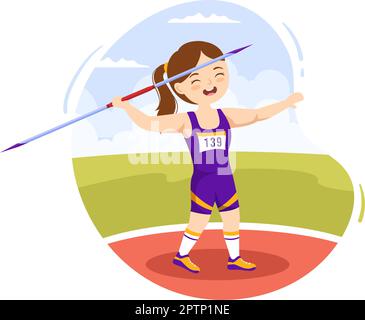 Javelin Throwing Kids Athlete Illustration using a Long Lance Shaped Tool to Throw in Sports Activity Flat Cartoon Hand Drawn Template Stock Vector