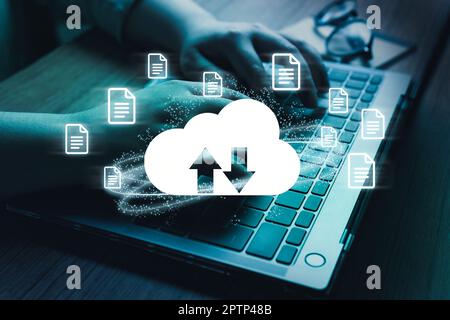 Woman use laptop with VR interface of cloud computing diagram. Cloud technology. Data storage. Service for cloud data transfer. Stock Photo