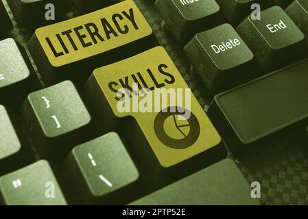 Writing displaying text Literacy Skills, Conceptual photo all knowledge and skills need to evaluate information Stock Photo