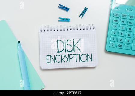 Hand writing sign Disk Encryption, Business approach the security mechanism used to protect data at rest Stock Photo
