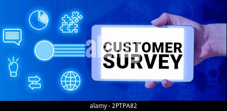 Text caption presenting Customer Survey, Word for source to obtain information about consumer satisfaction Stock Photo