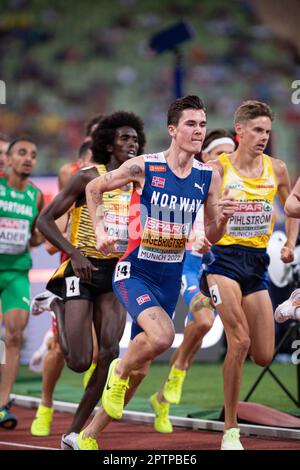 Jakob Ingebrigtsen participating in the. 1500 meters of the European Athletics Championships in Munich 2022. Stock Photo