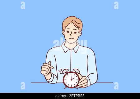 Smiling man points finger at alarm clock to remind of time management at works. Vector image Stock Vector