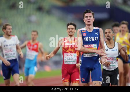 Jakob Ingebrigtsen participating in the. 1500 meters of the European Athletics Championships in Munich 2022. Stock Photo