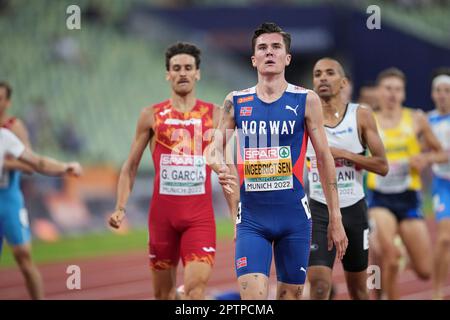 Jakob Ingebrigtsen participating in the. 1500 meters of the European Athletics Championships in Munich 2022. Stock Photo