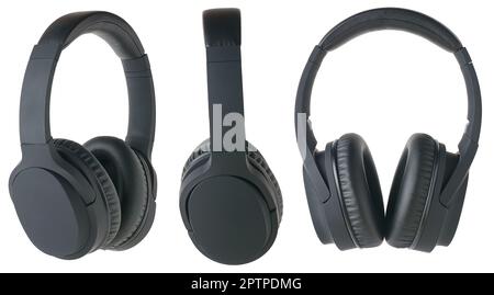 set of black headphones, over-ear wireless audio equipment with noise canceling ear pads or ear cushions isolated on white background Stock Photo
