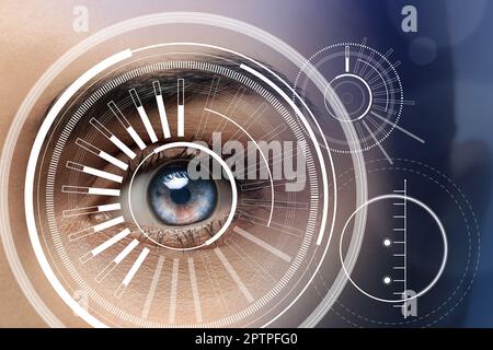 Closeup view of woman in process of scanning, focus on eye Stock Photo