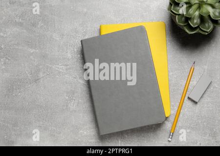 Notebooks, plant, pencil and eraser on light grey table, flat lay Stock Photo