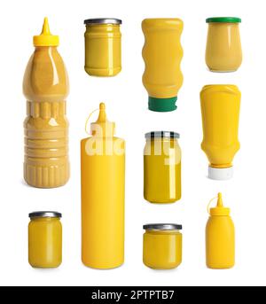 Set with different plastic bottles and glass jars of spicy mustard on white background Stock Photo