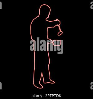Neon man with saucepan scoop ladle Kitchen utensil Crack for soup in his hands preparing food Male cooking use sauciers red color vector illustration image flat style Stock Vector