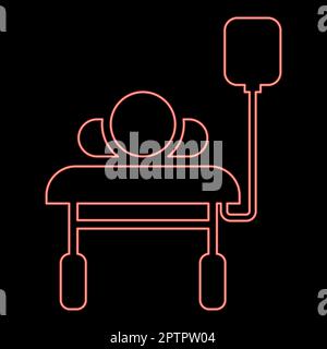 Neon patient lying on medical bed couch with dropper Man with dropping bottle Emergency therapy concept injecting resuscitation Intensive care red color vector illustration image flat style Stock Vector